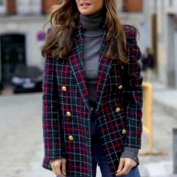 ZARA Tweed Plaid Double Breasted Blazer Green Red Gold Buttons - Picture 6 of 14